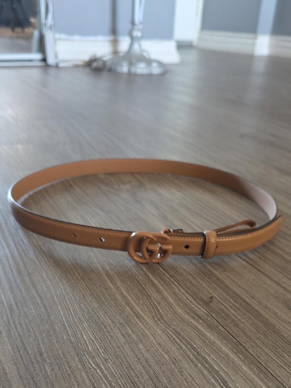 Authentic Gucci Tan Leather Double G Slim Signature Belt 85-34 - Picture 1 of 3